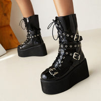Funki Buys | Boots | Women's Chunky Punk Platform Wedges | Buckle Boots