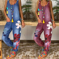 Funki Buys | Pants | Women's Boho Denim Flower Print Romper | Thin