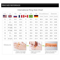International ring size chart showing sizes for USA, UK, RU, FR, CA, BR, DE, with measurements in circumference and diameter. Includes a measurement guide using paper and a ruler.