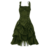 Olive green gothic-style dress with a ruffled bodice and corset lacing. The skirt is layered with a high-low hem, creating a dramatic, elegant look.