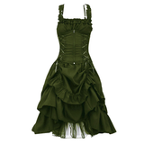 Olive green gothic dress with a fitted, corset-style bodice and crisscrossing laces. The skirt is layered with ruffles and the tone is elegant and dramatic.