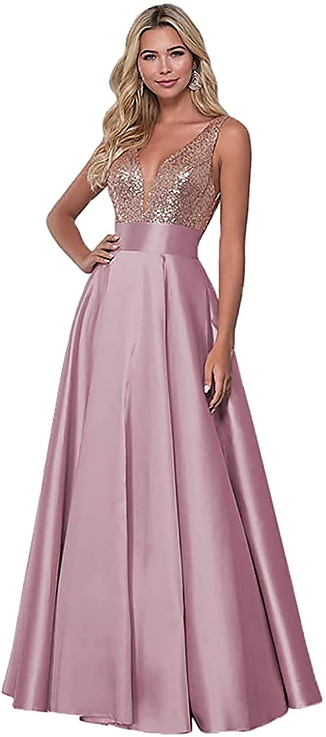 Funki Buys | Dresses | Women's Long Satin Evening Dress | Sequin Gown