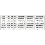 Size chart with rows for sizes S to XXXXXL, showing US, UK, EU conversions, plus bust, waist, and length measurements in centimeters and inches.