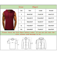 Size chart for a sleeveless maroon hoodie. Includes measurements for bust, length, shoulder in centimeters and inches for sizes S to XXL. Text advises checking sizes before ordering.