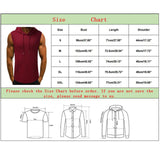 Size chart for a sleeveless maroon hoodie. Includes measurements for bust, length, shoulder in centimeters and inches for sizes S to XXL. Text advises checking sizes before ordering.