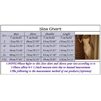 Size chart with measurements for bust, sleeve, shoulder, and length in cm and inches for sizes S to XXL. Includes notes on measurement variations. To the right, an image of a person in a beige, fitted dress, conveying elegance.