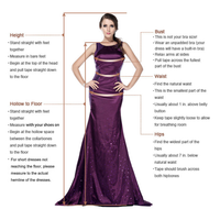 A woman in a purple gown stands with arms on hips. Text guides for measuring height, bust, waist, hips, and hollow to floor are displayed around her.