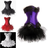 Three corsets with tulle skirts in black, red, and purple are shown. Each features lace details and bows, conveying a glamorous, elegant style.