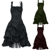 Three elegant Gothic Victorian dresses with ruffled tiers and corset bodices in black, dark green, and maroon, conveying a vintage, dramatic style.
