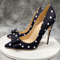 Funki Buys | Shoes | Women's Polka Dot Black Satin Stilettos | Bowknot