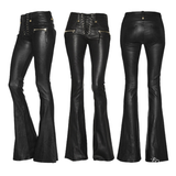 A collage of three images showcasing women's faux leather pants in a flared style with front zip details and side hip zip decoration.