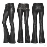 A collage of three images showcasing women's faux leather pants in a flared style with front zip details and side hip zip decoration.