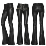 A collage of three images showcasing women's faux leather pants in a flared style with front zip details and side hip zip decoration.