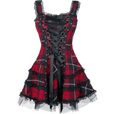 Red and black plaid dress with lace details on a white background