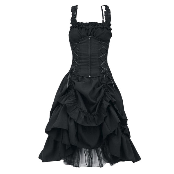 Black Gothic dress with ruffled straps and lace-up corset bodice, featuring a high-low layered skirt with dramatic, voluminous ruffles. Elegant and dramatic.