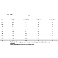Size chart displaying dress measurements in centimeters for sizes 4 to 26, detailing bust, waist, hip, and length. Note includes measurement tips.