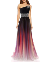 A womanwearing a colorful evening gown with a gradient from black to purple to pink. The one-shoulder design and patterned waist add elegance.