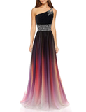 A womanwearing a colorful evening gown with a gradient from black to purple to pink. The one-shoulder design and patterned waist add elegance.