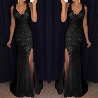woman in a sparkling black evening gown with a high slit, set against a dark curtain. The tone is elegant and glamorous.