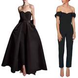 Two elegant black outfits: a strapless dress with a floor-length skirt and a side bow, and an off-shoulder jumpsuit. Both convey sophistication.