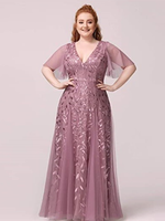 A woman , wearing an elegant mauve gown with delicate lace patterns and flutter sleeves, exuding grace and poise.