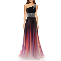 A woman wearing an elegant, one-shoulder evening gown. The dress has a black top with beaded detailing, a fitted waist, and a gradient skirt shifting from black to purple, pink, and white.