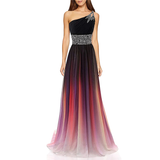 A woman wearing an elegant, one-shoulder evening gown. The dress has a black top with beaded detailing, a fitted waist, and a gradient skirt shifting from black to purple, pink, and white.