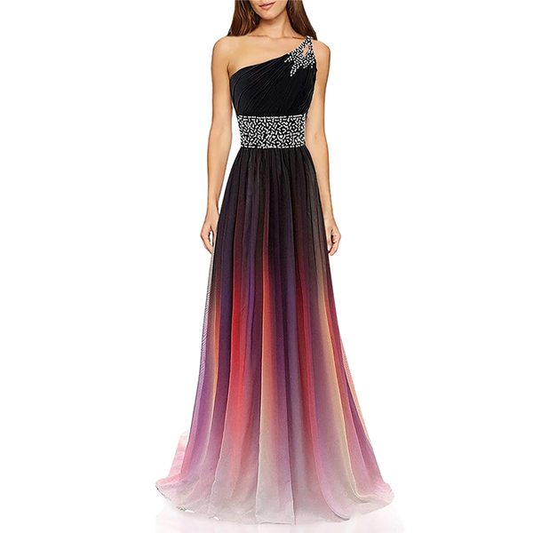 A woman wearing an elegant, one-shoulder evening gown. The dress has a black top with beaded detailing, a fitted waist, and a gradient skirt shifting from black to purple, pink, and white.