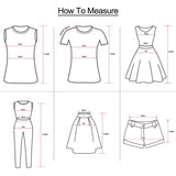  how to measure clothing: sleeveless top, T-shirt, dress, jumpsuit, skirt, shorts. Includes bust, waist, hip, length guidelines.
