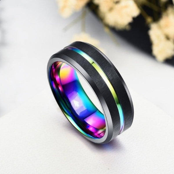 11mm Black & Rainbow LOVE Mens Spinner Ring (Stress Relief)