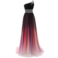 Elegant one-shoulder gown with black bodice and starry embellishments. Skirt features a gradient from dark purple to pink, exuding a dreamy, ethereal vibe.