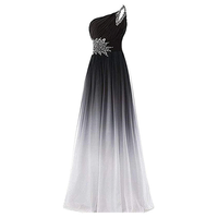 Elegant one-shoulder gown with a black-to-white ombre effect. Features intricate beading on the shoulder and bodice, creating a sophisticated look.