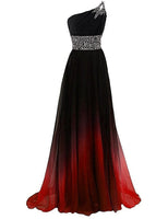 Elegant, one-shoulder gown with black bodice adorned with silver embellishments, a patterned waist, and a flowing black to red gradient skirt.