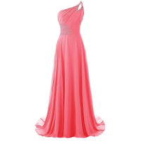 Elegant, one-shoulder pink gown with flowing chiffon fabric. Embellished with sparkling beads at the waist and shoulder, conveying a graceful, formal tone.