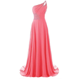 Elegant, one-shoulder pink gown with flowing chiffon fabric. Embellished with sparkling beads at the waist and shoulder, conveying a graceful, formal tone.