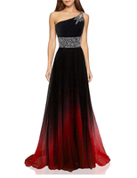 A woman wearing an elegant, one-shoulder black gown with a jeweled waist and shoulder. The skirt gracefully transitions from black to deep red.