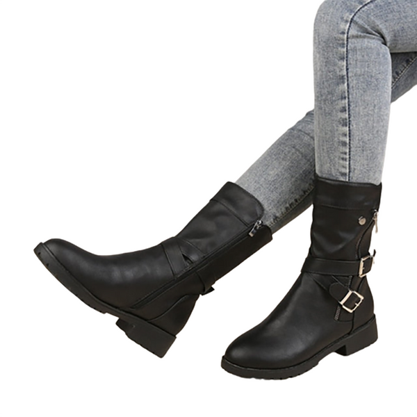 Low heel mid calf top biker boots