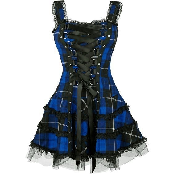 Plaid Dress Women Mall Goth Punk Aesthetic Zipper Bandage Corset Dress  Vintage Dark Gothic Alt Outfits-Blue,M : : Home & Kitchen