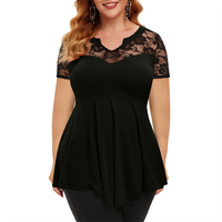 Womens Plus Size Floral Lace Short Sleeve Irregular See-Through