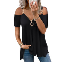 Funki Buys | Shirts | Women's Solid Black Zipper Shirt | Short Sleeves V Neck Blouses