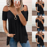 Funki Buys | Shirts | Women's Solid Black Zipper Shirt | Short Sleeves V Neck Blouses