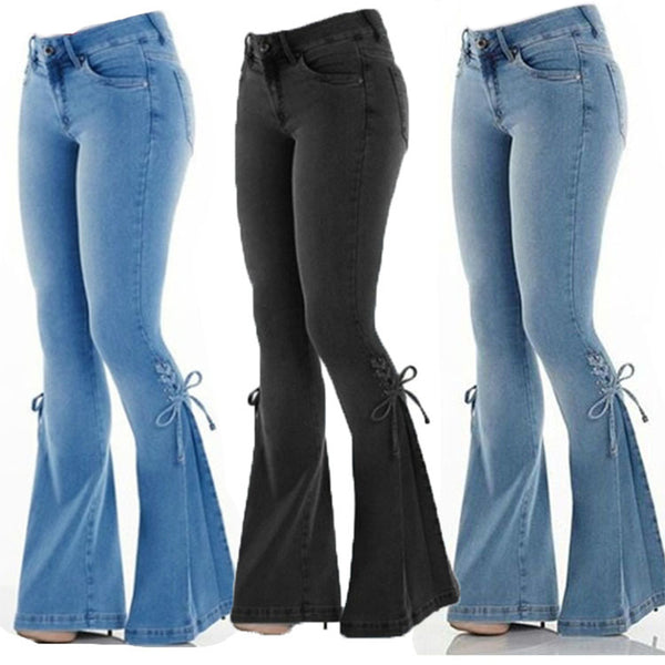 Funki Buys | Pants | Women's High Waist Tie Up Bow Flared Jeans | Boot Cut