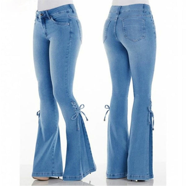 WMNS Denim Waist Tie Wide Leg Hippie Bell Bottom Jeans - Light Blue