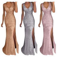 Three sleeveless evening gowns with deep V-necks and high slits. The gowns are sparkly and come in gold, silver, and rose gold, conveying elegance.