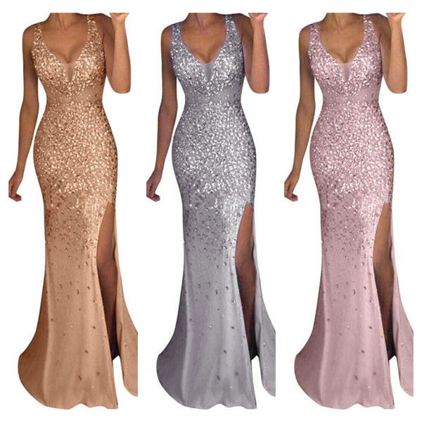 Three sleeveless evening gowns with deep V-necks and high slits. The gowns are sparkly and come in gold, silver, and rose gold, conveying elegance.
