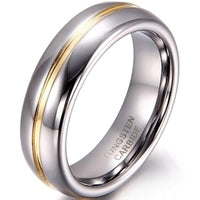 A polished tungsten carbide ring with a glossy silver finish and a slim gold stripe encircling the middle. The tone is sleek and elegant.