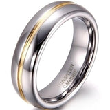 A polished tungsten carbide ring with a glossy silver finish and a slim gold stripe encircling the middle. The tone is sleek and elegant.