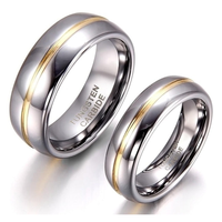 Two polished tungsten carbide rings with a shiny silver surface and gold stripe accents. Elegant and sleek design, conveying a modern, sophisticated style.